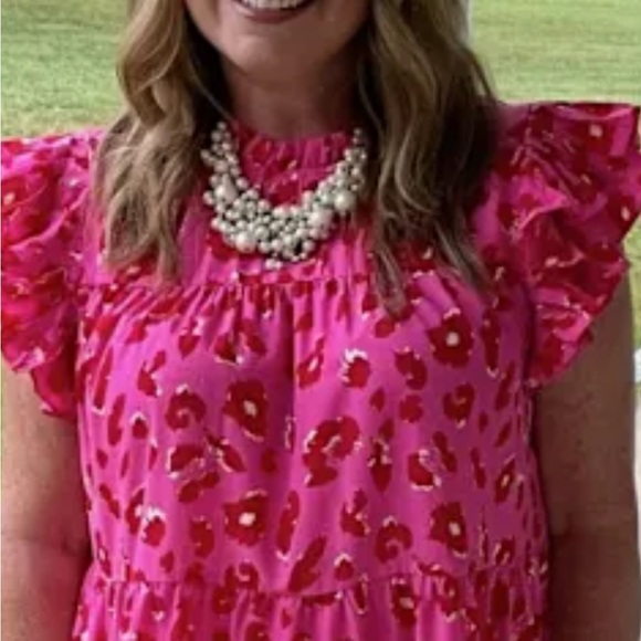 1XL Dopamine Boho Rose Red Leopard Print Ruffle Cap Sleeve Mini Dress - Picture 2 of 8